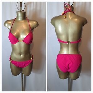 VICTORIA'S SECRET FUSCHIA/PINK  TWO PIECE BIKINI BAMBOO ACCENTS